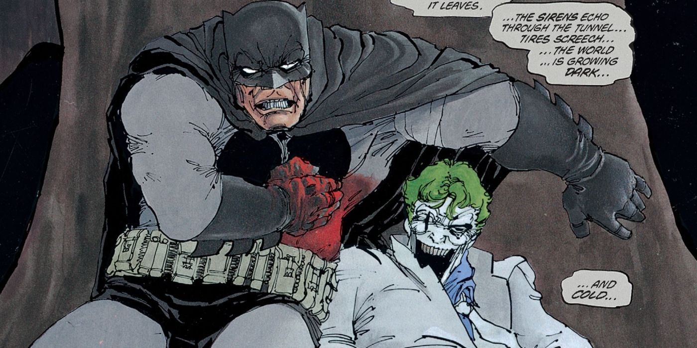 A bleeding Batman stands over Joker's body from The Dark Knight Returns.