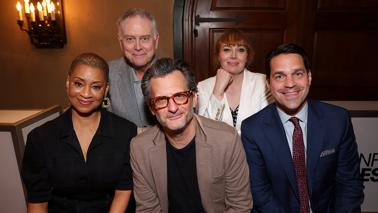 (L-R) TCM Hosts Jacqueline Stewart, Eddie Muller, Ben Mankiewicz, Alicia Malone and Dave Karger at the Closing Night Party during the 2025 TCM Classic Film Festival in Hollywood.