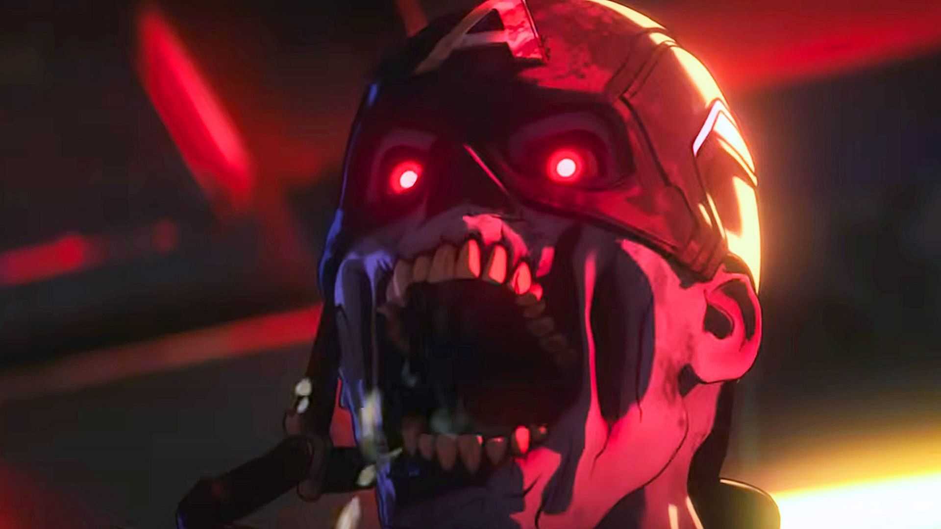 Zombie Captain America screeching bathed in red light from Marvel Zombies animated series