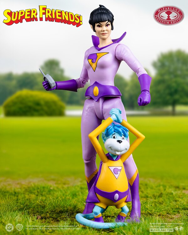 Close-up view of the McFarlane Toys DC Super Friends Red Platinum Jayna and Gleek Figure