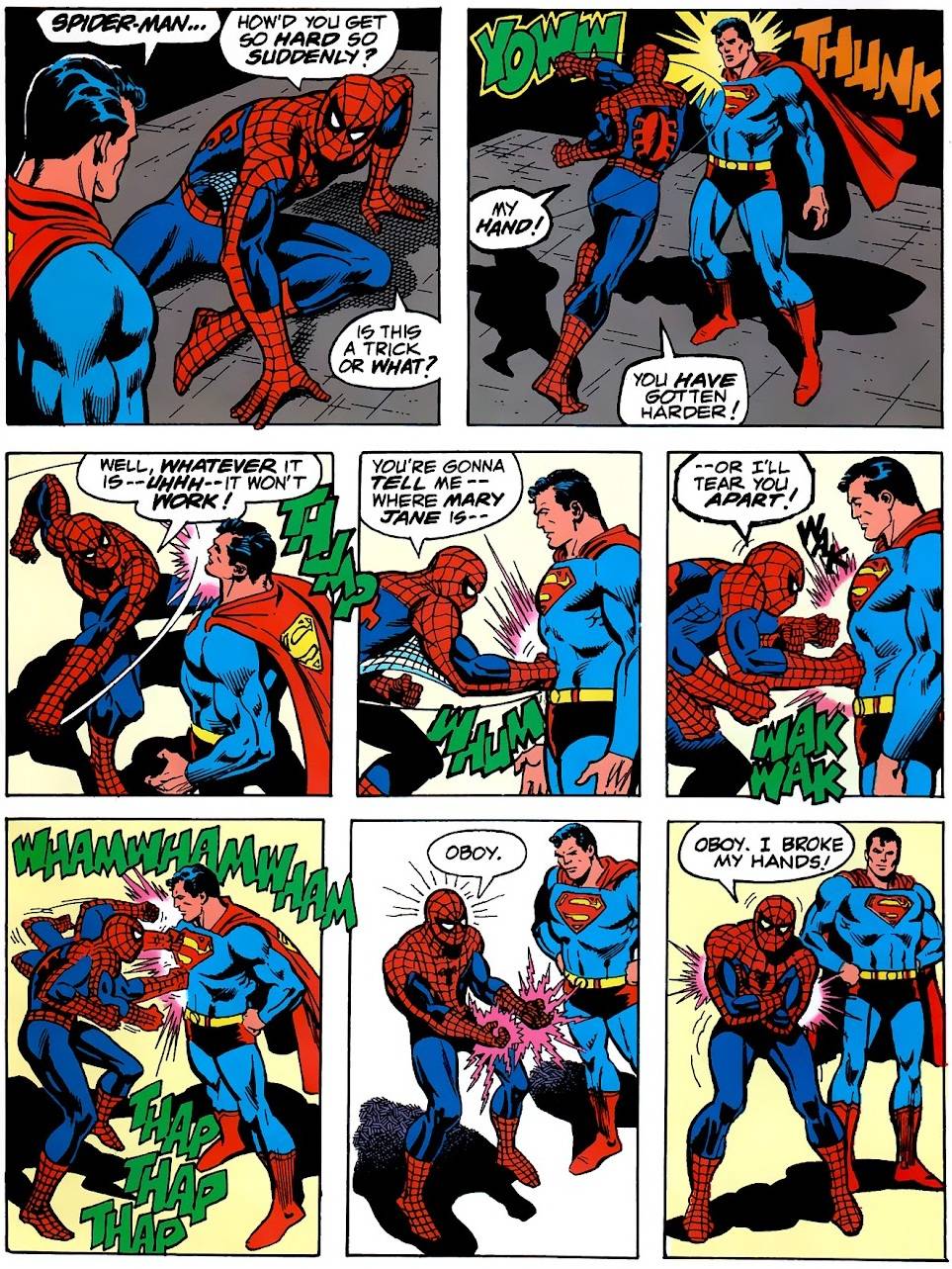 Spider-Man hurts his hands on Superman