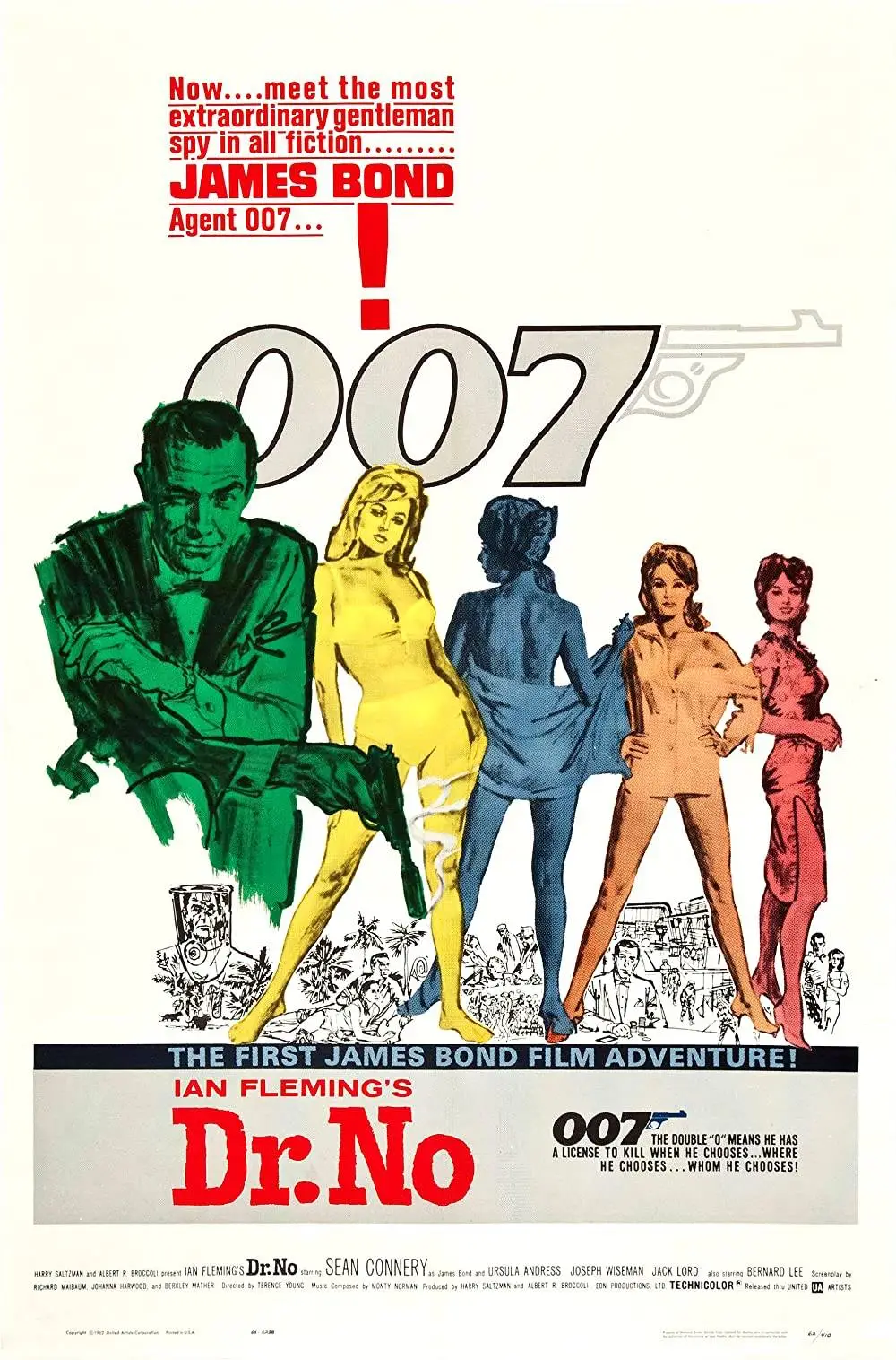 James Bond (Sean Connery) illustrated near Bond Girls on 007 Dr. No poster
