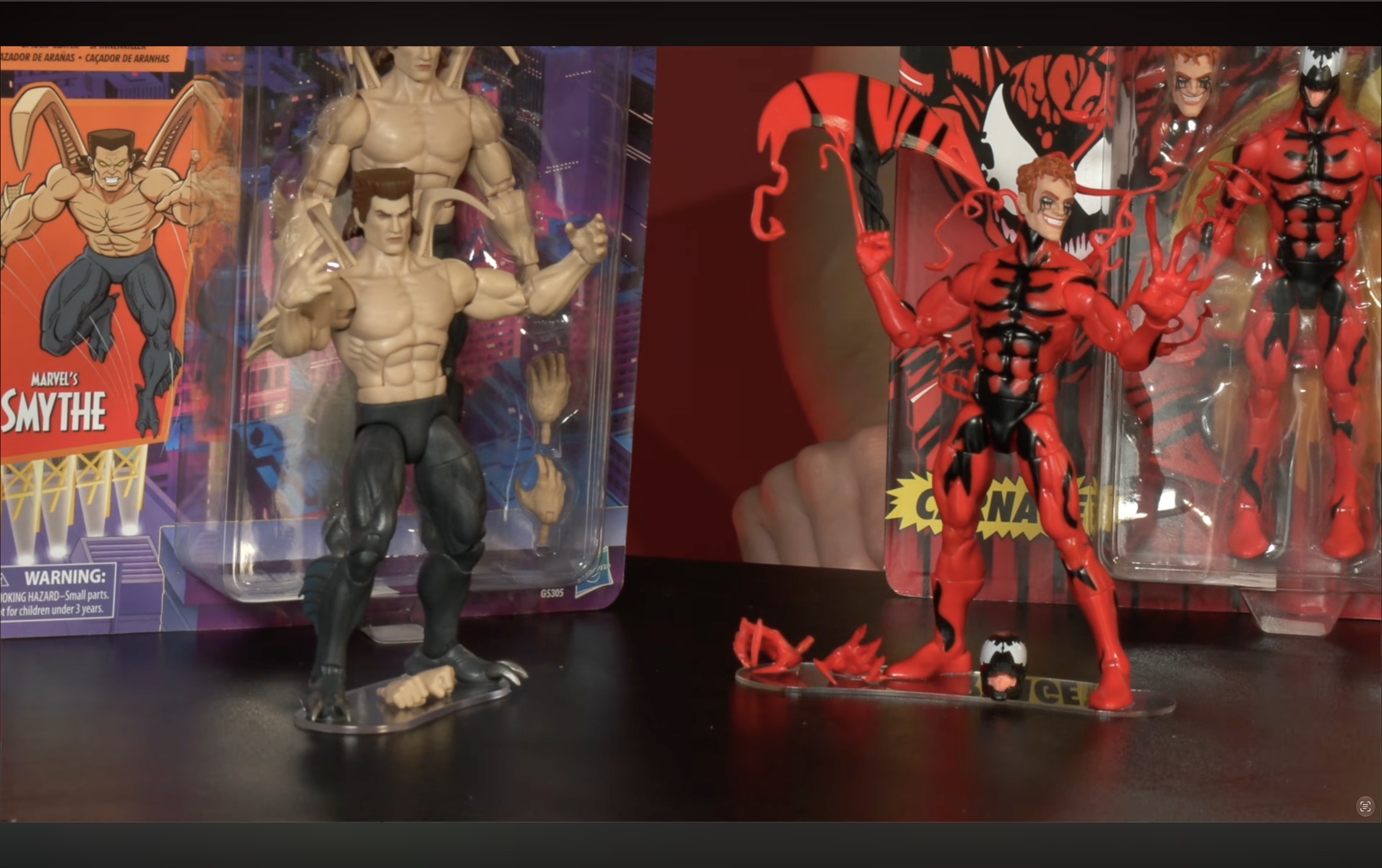 Marvel Legends Smythe and Maximum Carnage Carnage figures displayed